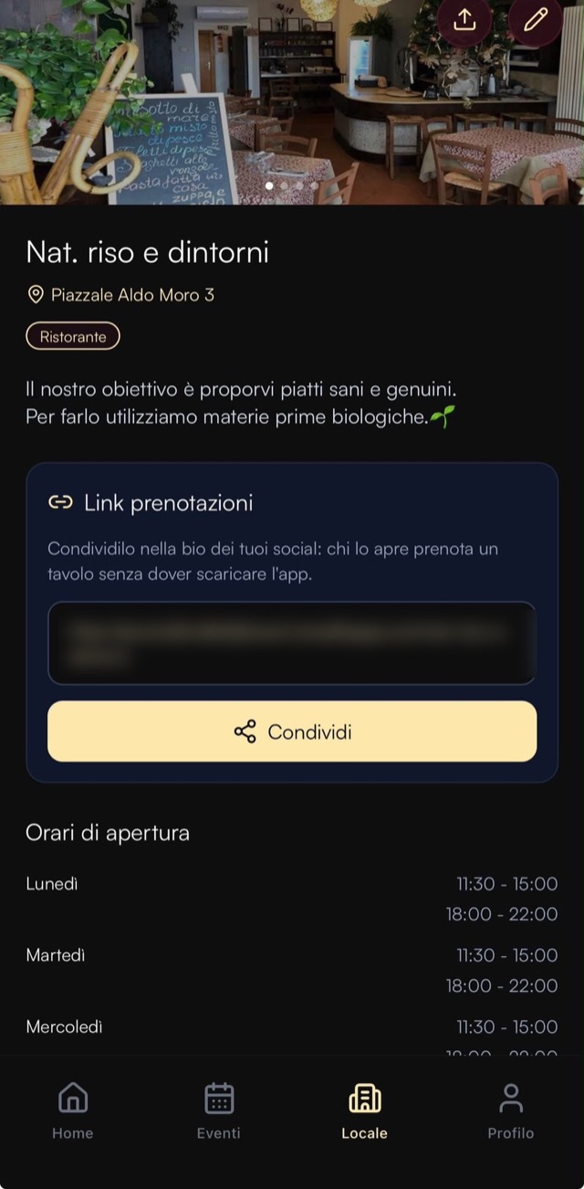 Scheda del locale nell'app Pubby, con il riquadro del link prenotazioni e il pulsante Condividi