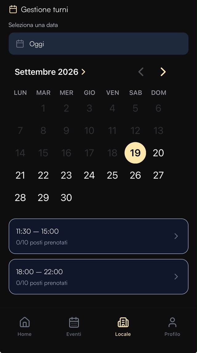 Calendario della gestione turni per scegliere un giorno e vederne le prenotazioni
