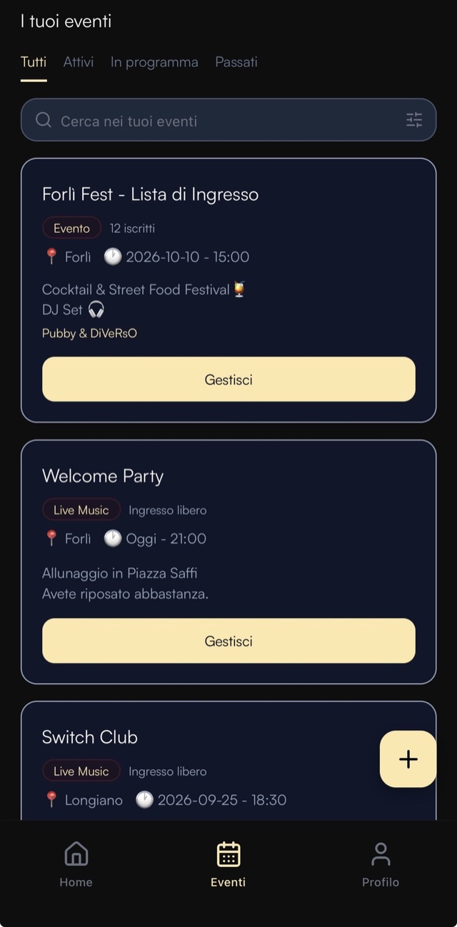 Elenco degli eventi del locale con tipo di serata, data, luogo e numero di iscritti