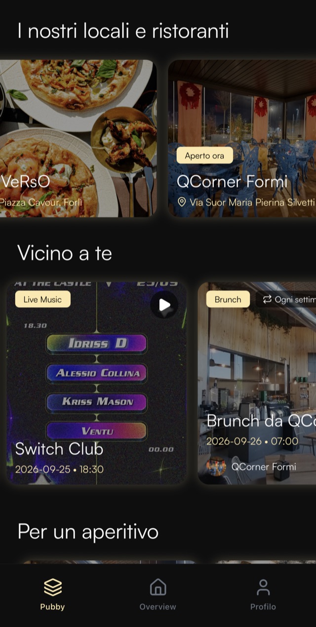 Home dell'app Pubby: i locali e ristoranti, le serate vicino a te e i suggerimenti per un aperitivo