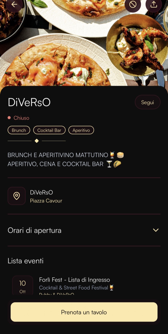 Scheda di un locale su Pubby con orari, lista eventi e il pulsante Prenota un tavolo