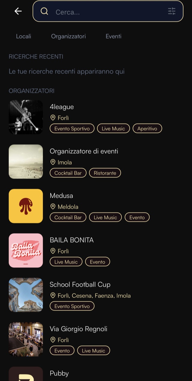 Ricerca nell'app Pubby, con le schede Locali, Organizzatori ed Eventi